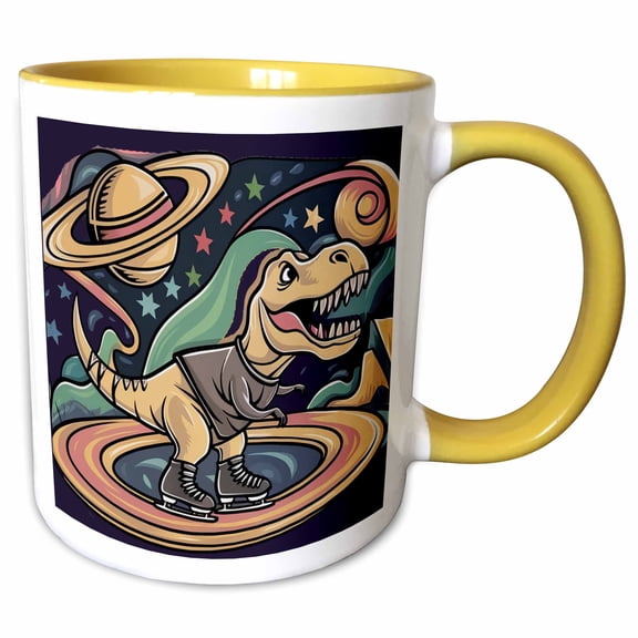 3drose, Funny T-rex Dinosaur Skating Saturn Ring Space Starry Night Abstract, 15oz Two-tone Yellow Mug