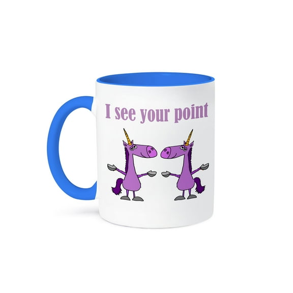 3dRose, Funny Unicorn says I see your Point to another Unicorn, 11oz Two-Tone Blue Mug