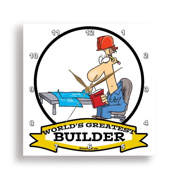 3dRose, Funny Worlds Greatest Builder II Cartoon, 15x15 Wall Clock