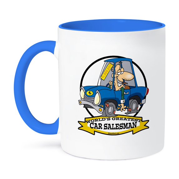 3dRose, Funny Worlds Greatest Car Salesman Men Cartoon, 15oz Two-Tone Blue Mug