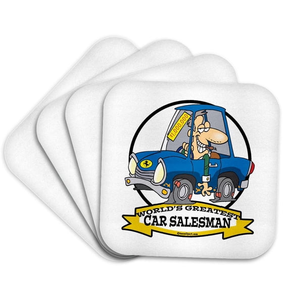 3dRose, Funny Worlds Greatest Car Salesman Men Cartoon, Set of 4 Coasters - Soft