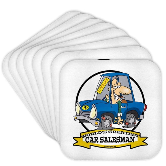 3dRose, Funny Worlds Greatest Car Salesman Men Cartoon, Set of 8 Coasters - Soft