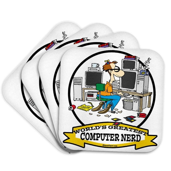3dRose, Funny Worlds Greatest Computer Nerd Men Cartoon, Set of 4 Coasters - Soft