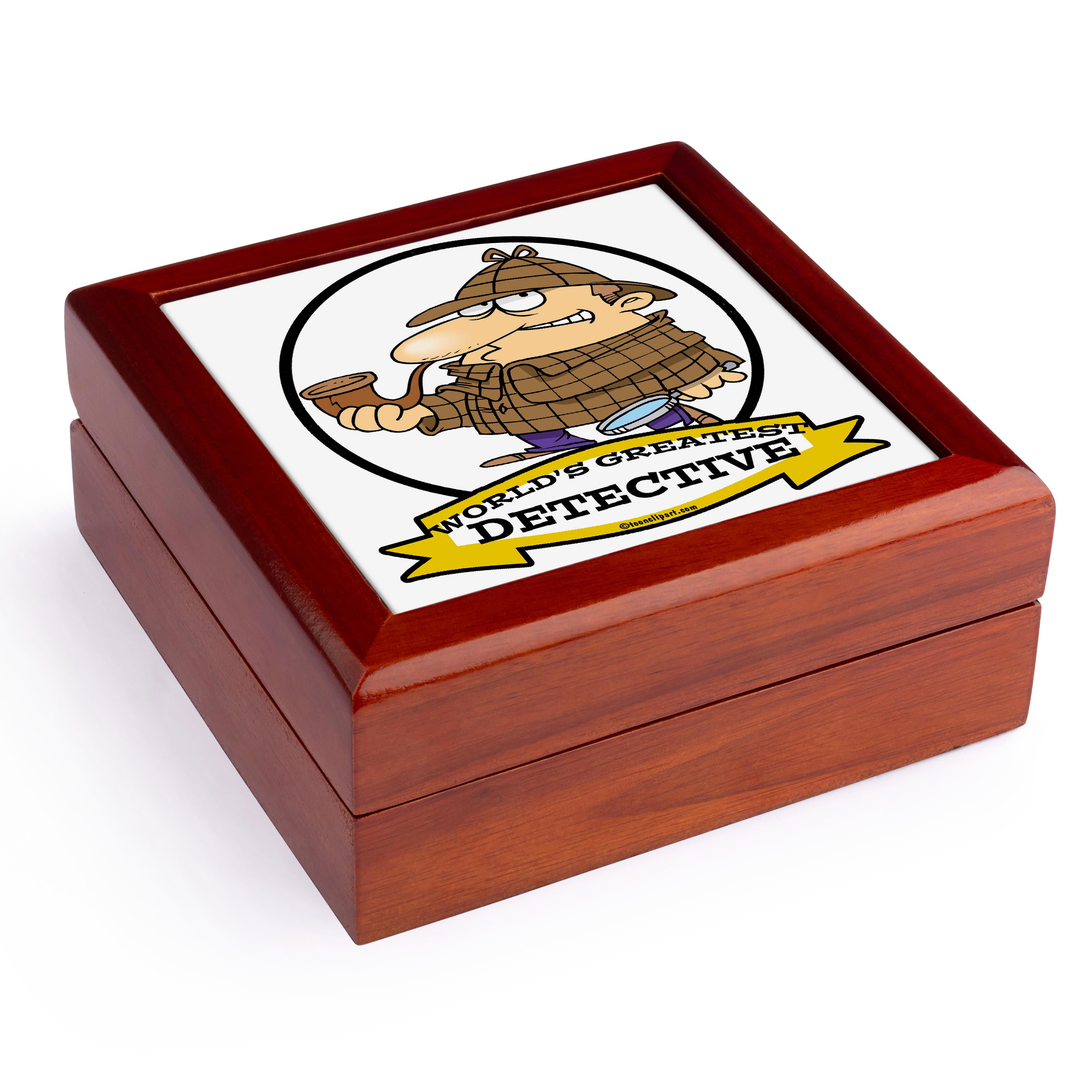 3dRose, Funny Worlds Greatest Detective III Cartoon, Jewelry Box 5.5x5.5 inch with 4 inch tile