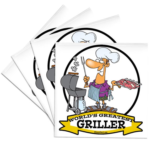 3dRose, Funny Worlds Greatest Griller Men Cartoon, Set of 4 Ceramic Tile Coasters