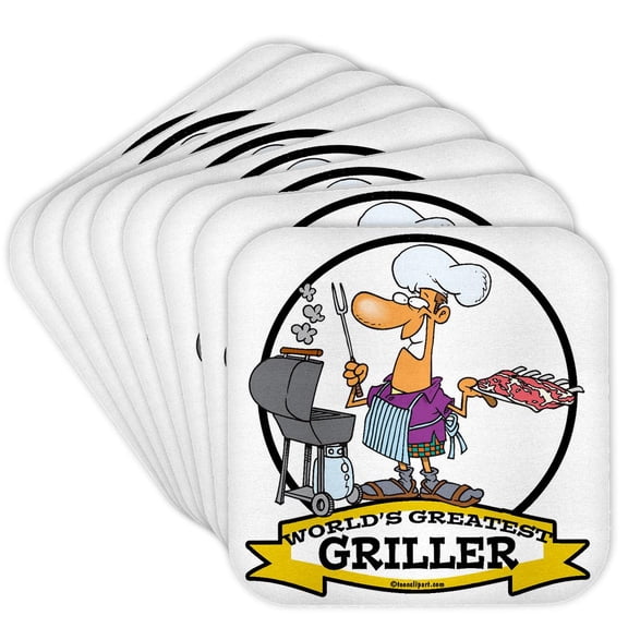 3dRose, Funny Worlds Greatest Griller Men Cartoon, Set of 8 Coasters - Soft
