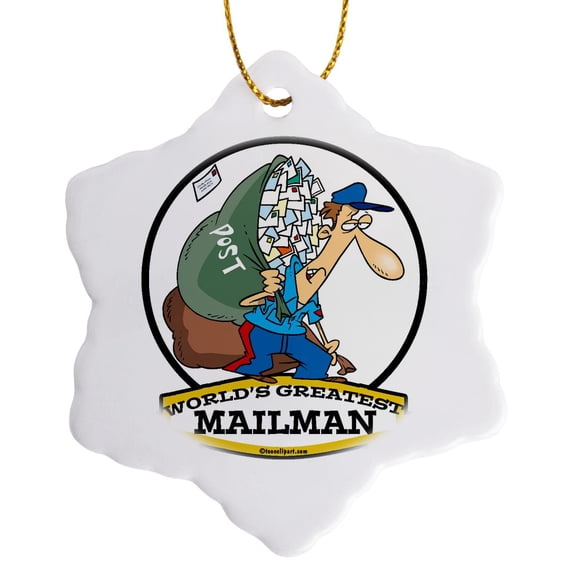 3dRose, Funny Worlds Greatest Mailman Occupation Job Cartoon, 3 inch Snowflake Porcelain Ornament