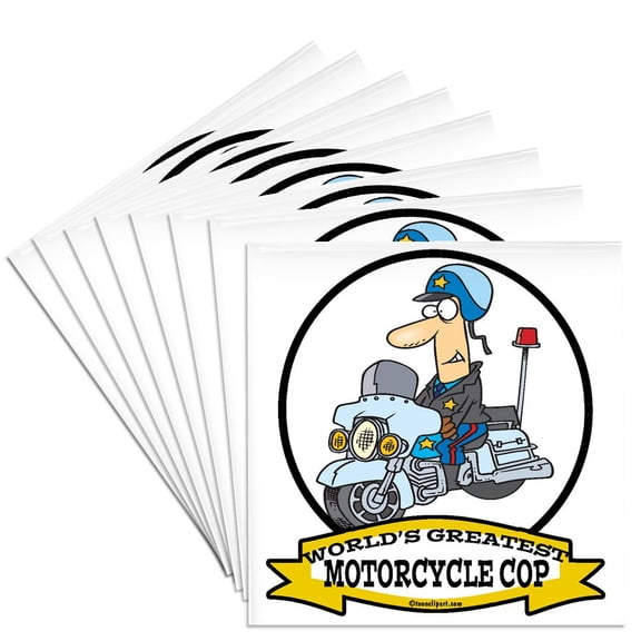 3dRose, Funny Worlds Greatest Motorcycle Cop Cartoon, Set of 8 Ceramic Tile Coasters