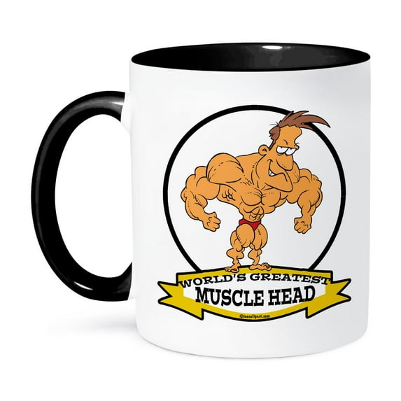 3dRose, Funny Worlds Greatest Muscle Head Men Cartoon, 11oz Two-Tone Black Mug