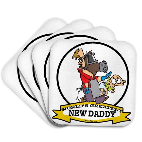 3dRose, Funny Worlds Greatest New Daddy Men Cartoon, Set of 4 Coasters - Soft