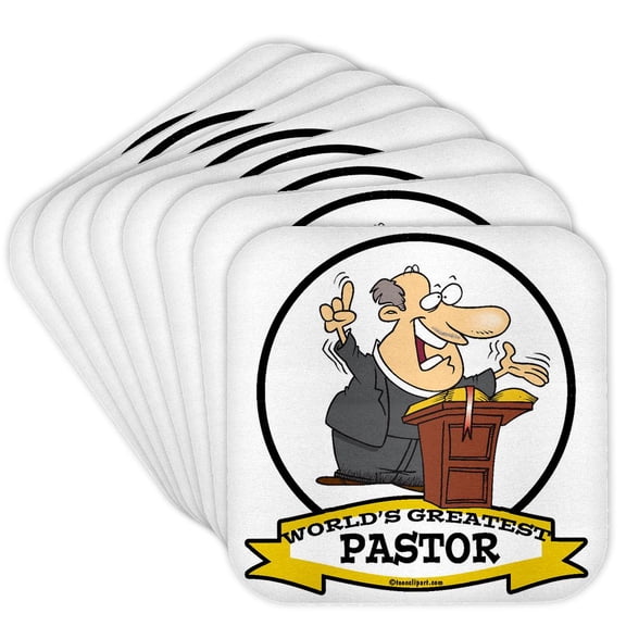 3dRose, Funny Worlds Greatest Pastor Men Cartoon, Set of 8 Coasters - Soft