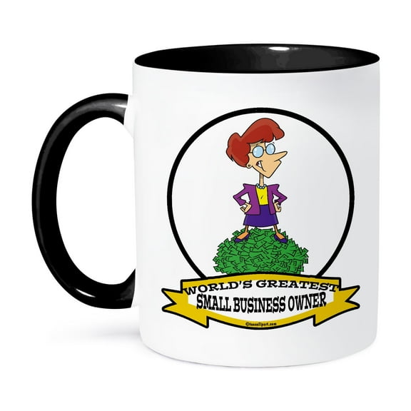3dRose, Funny Worlds Greatest Small Business Owner Woman Cartoon, 15oz Two-Tone Black Mug