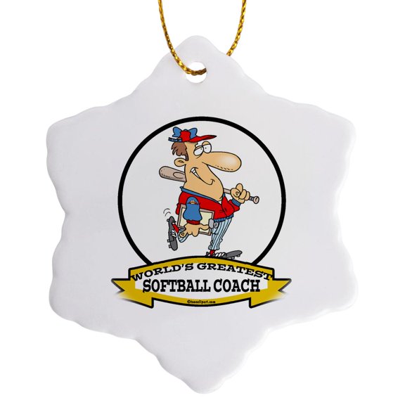 3dRose, Funny Worlds Greatest Softball Coach Occupation Job Cartoon, 3 inch Snowflake Porcelain Ornament