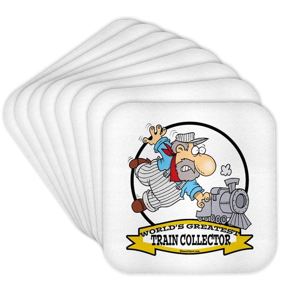 3dRose, Funny Worlds Greatest Train Collector Men Cartoon, Set of 8 Coasters - Soft