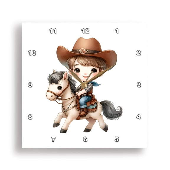 3dRose, Funny cartoon cowboy rides his cute horse. White background cool gift, 15x15 Wall Clock