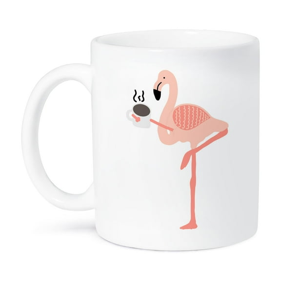 3dRose, Funny creative pink flamingo drinking hot coffee cartoon , 15oz Mug