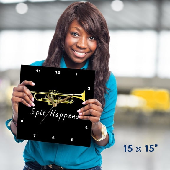 3dRose, Funny design for trumpet players in the brass band, spit happens., 15x15 Wall Clock