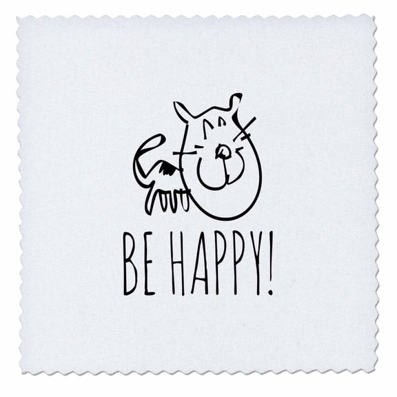 3dRose, Funny, happy, smiling cat. Black text Be Happy on white background, 12x12 inch quilt square