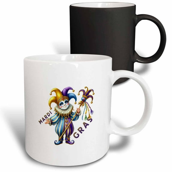 3drose, Funny Harlequin with a Jester Cane. Mardi Gras Text. Funny Gift, 11oz Magic Transforming Mug