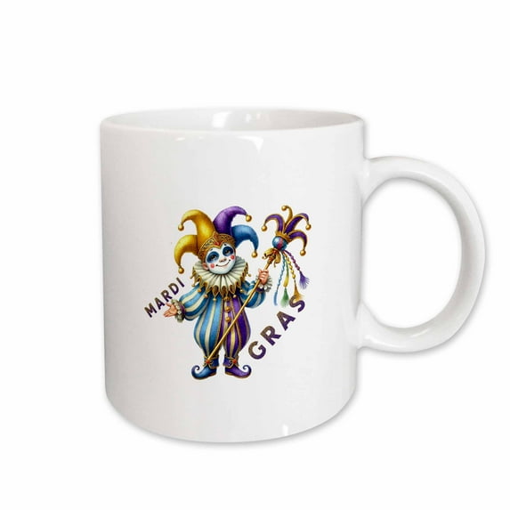 3drose, Funny Harlequin with a Jester Cane. Mardi Gras Text. Funny Gift, 15oz Mug