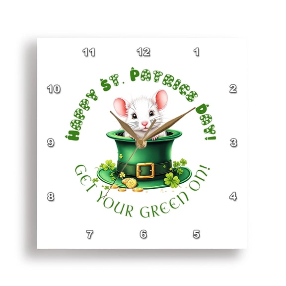 3dRose, Funny mouse inside a green hat. Get your green on St. Patricks Day, 15x15 Wall Clock