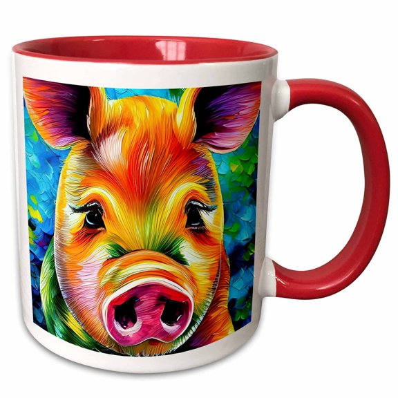 3drose, Funny Pig Face Portrait. Colorful Family-friendly Gift, Souvenir, 11oz Two-tone Red Mug