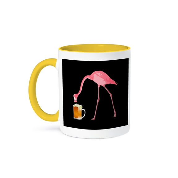3dRose, Funny pink flamingo drinking a mug of beer., 11oz Two-Tone Yellow Mug