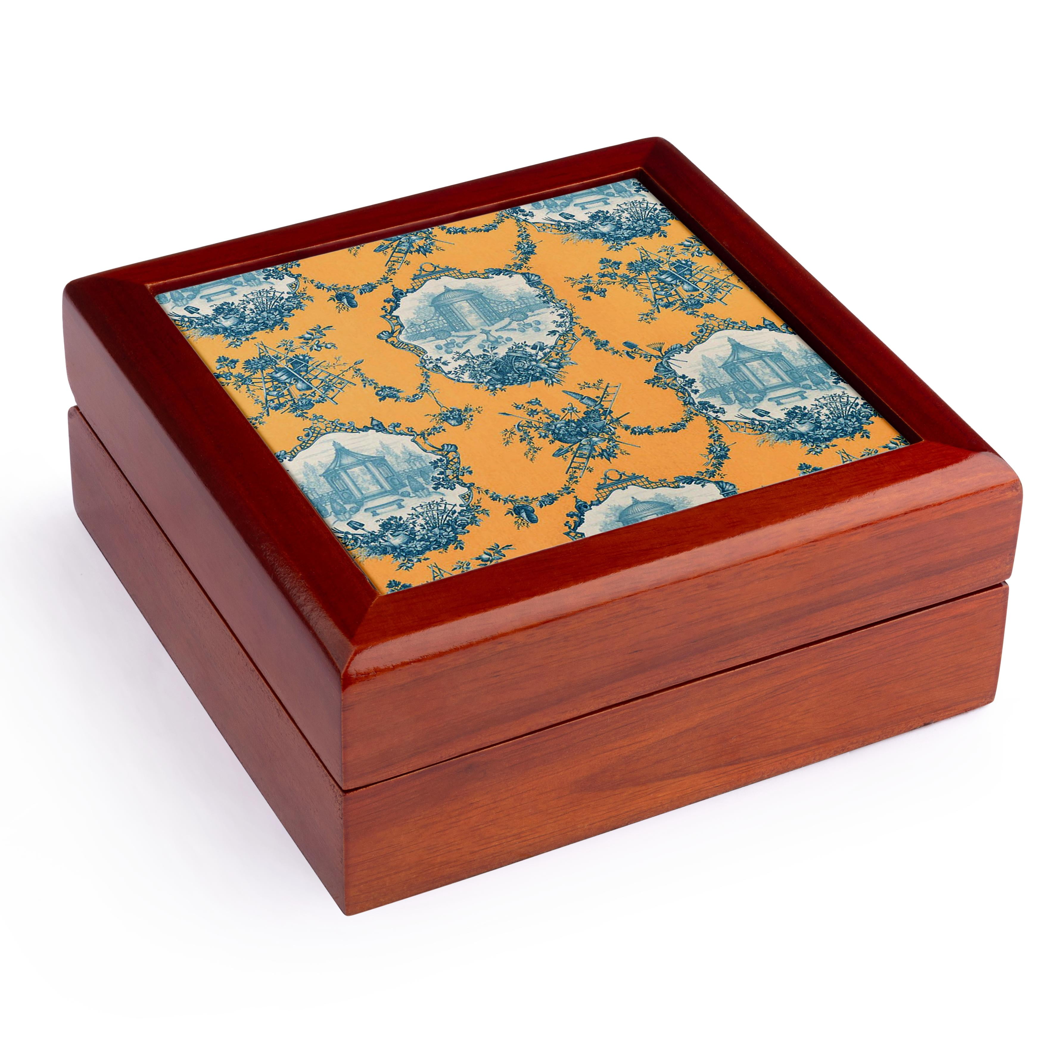 3dRose, Garden French Toile. Orange and blue. Popular toile print., Jewelry Box 5.5x5.5 inch with 4 inch tile