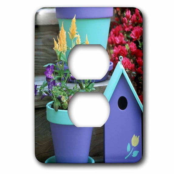 3dRose, Garden still life of containers of flowers, and bird house on steps , 2 plug outlet cover