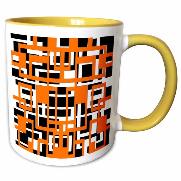 3drose, Geometric Shapes Pattern Orange White Black Background, 11oz Two-tone Yellow Mug