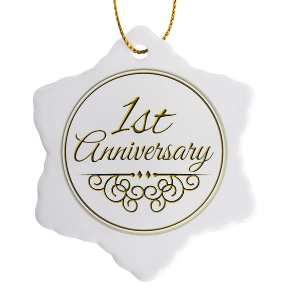3drose, Gift for 1st Anniversary - Gold Text for Celebrating Wedding Anniversaries 1 - First One Year Together, 3 inch Snowflake Porcelain Ornament