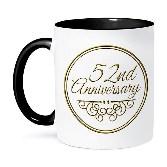 3dRose, Gift For 52nd Anniversary - Gold Text For Celebrating Wedding Anniversaries - 52 Years Married Together, 11oz Two-Tone Black Mug