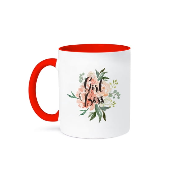3dRose, Girl Boss in Modern Calligraphy over Spring Watercolor flowers, 15oz Two-Tone Red Mug