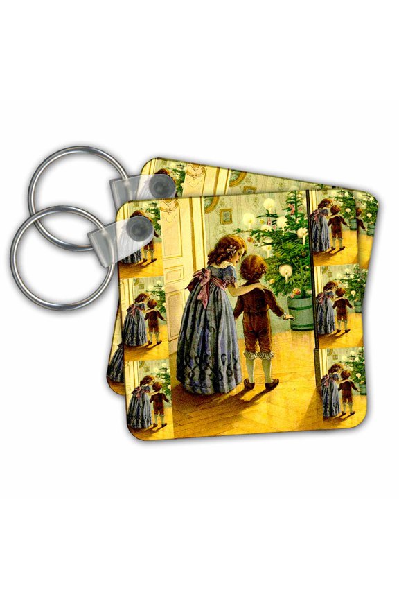 , Girl and Little Boy Seeing Christmas Tree Lit up for the First Time, set of 2 Key Chains