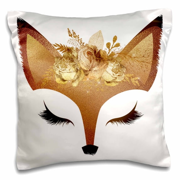3drose, Glam Faux Gold Floral Fox Face Illustration, 16x16 inch Pillow Case