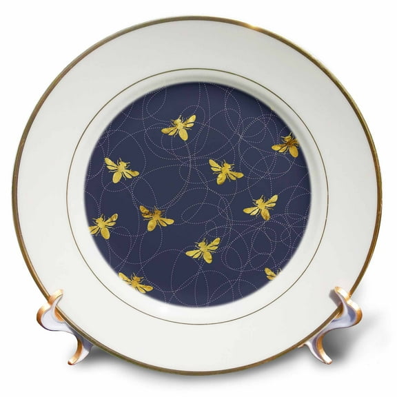 3dRose, Glam Gold Bees On Blue Pattern, 8 inch Porcelain Plate