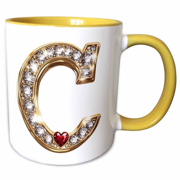 3drose, Glam Image of Diamonds Red Heart Monogram Initial C, 11oz Two-tone Yellow Mug