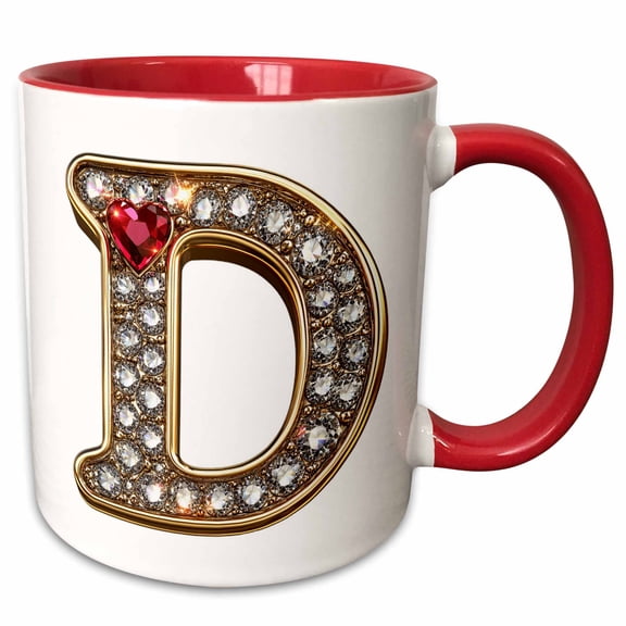 3drose, Glam Image of Diamonds Red Heart Monogram Initial D, 11oz Two-tone Red Mug