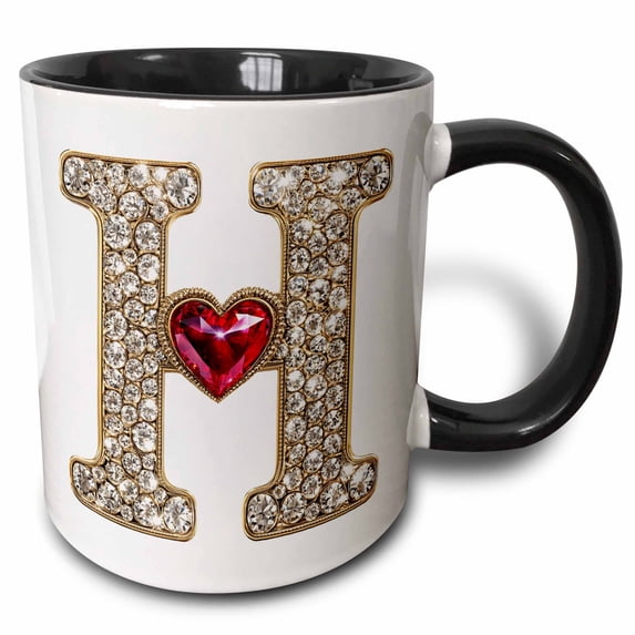 3drose, Glam Image of Diamonds Red Heart Monogram Initial H, 15oz Two-tone Black Mug