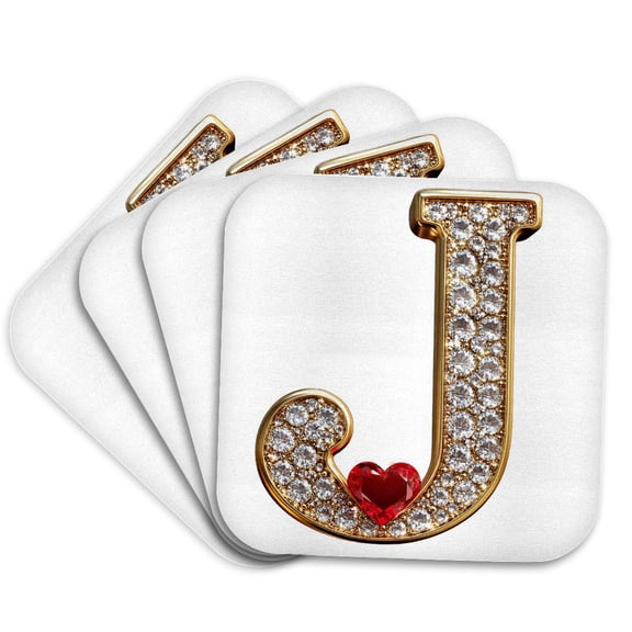 3drose, Glam Image of Diamonds Red Heart Monogram Initial J, Set of 4 Coasters - Soft