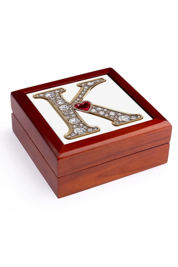 , Glam Image Of Diamonds Red Heart Monogram Initial K, Jewelry Box 5.5x5.5 inch with 4 inch tile
