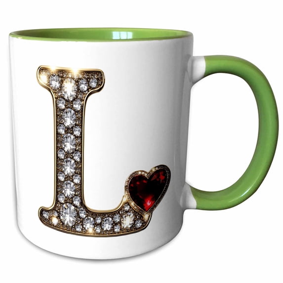 3drose, Glam Image of Diamonds Red Heart Monogram Initial L, 11oz Two-tone Green Mug