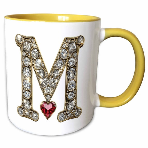 3drose, Glam Image of Diamonds Red Heart Monogram Initial M, 15oz Two-tone Yellow Mug