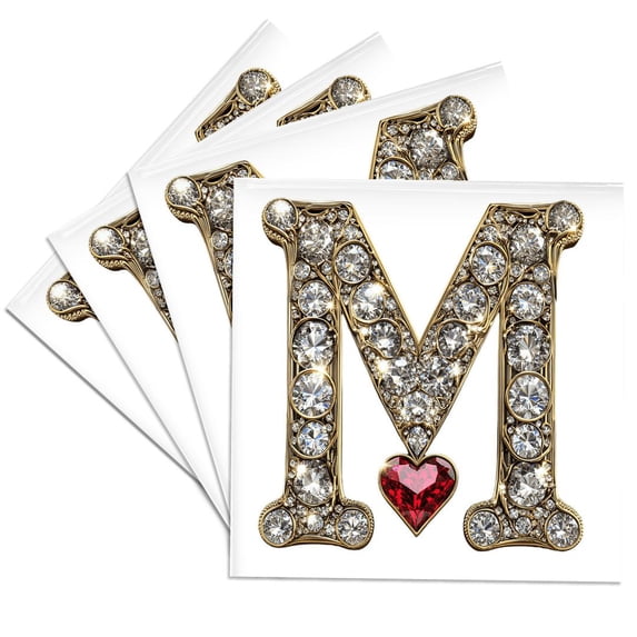 3drose, Glam Image of Diamonds Red Heart Monogram Initial M, Set of 4 Ceramic Tile Coasters