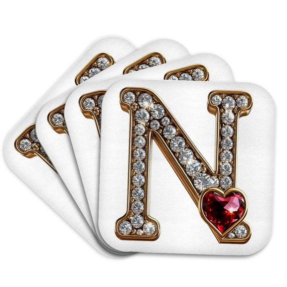 3drose, Glam Image of Diamonds Red Heart Monogram Initial N, Set of 4 Coasters - Soft