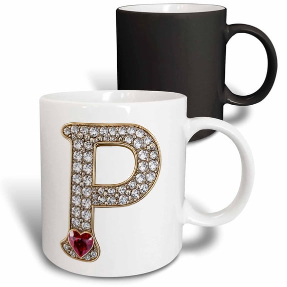 3drose, Glam Image of Diamonds Red Heart Monogram Initial P, 11oz Magic Transforming Mug