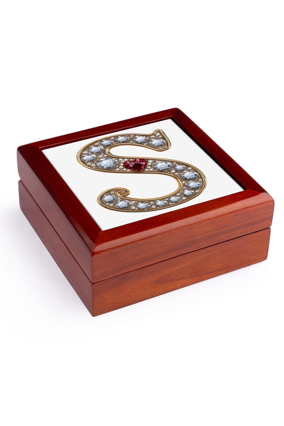 , Glam Image Of Diamonds Red Heart Monogram Initial S, Jewelry Box 5.5x5.5 inch with 4 inch tile