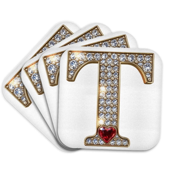 3drose, Glam Image of Diamonds Red Heart Monogram Initial T, Set of 4 Coasters - Soft