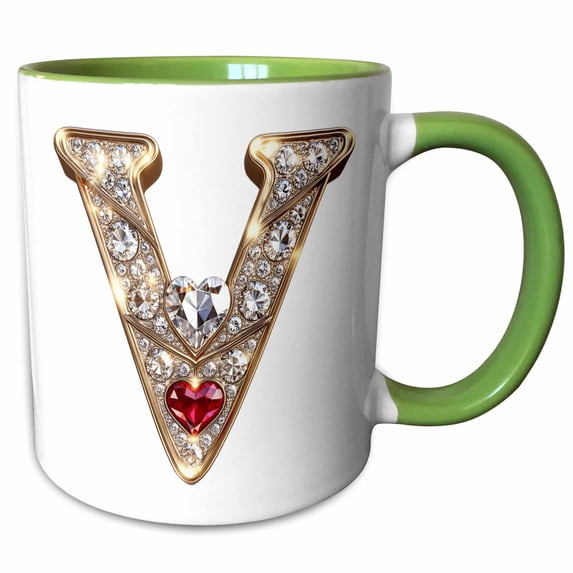 3drose, Glam Image of Diamonds Red Heart Monogram Initial V, 11oz Two-tone Green Mug