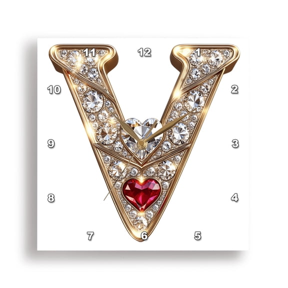 3dRose, Glam Image Of Diamonds Red Heart Monogram Initial V, 15x15 Wall Clock